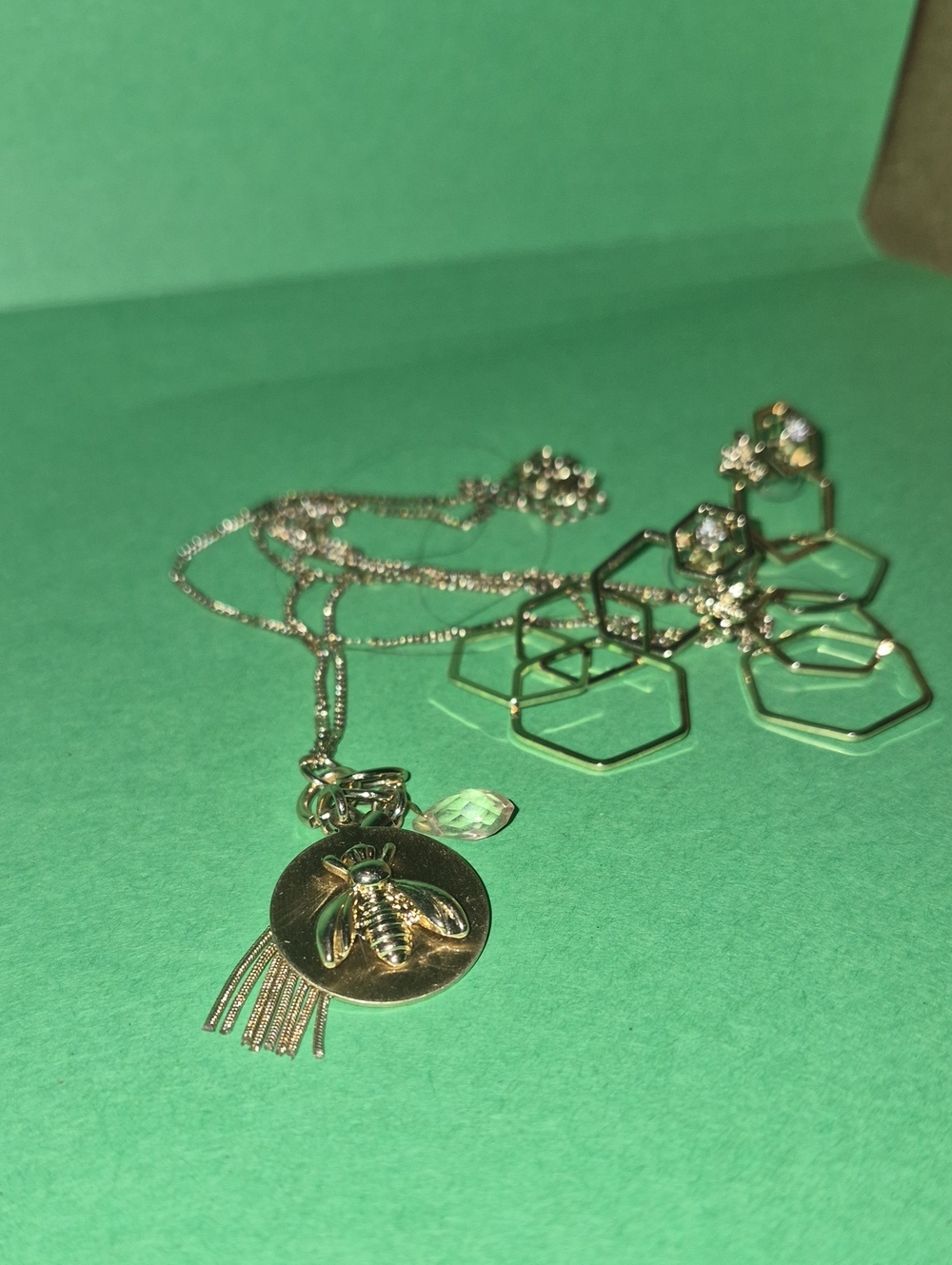 Gold Bee Pendant Necklace and Geometric Earrings Set